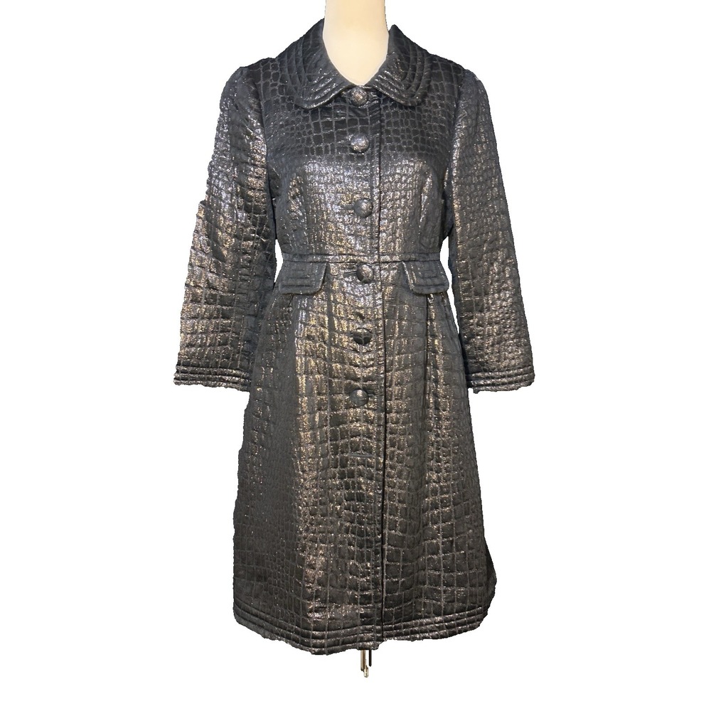 Trina Turk Black Metallic Croc Print Button Up Longline Coat Womens Size 8